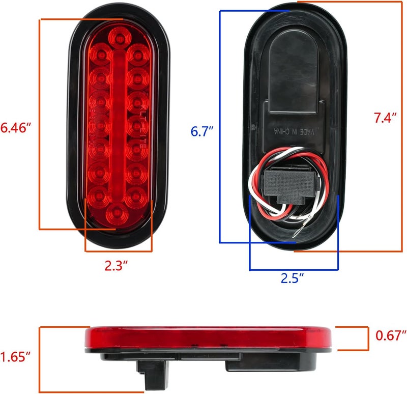 fouwick 2Pcs 6" Oval LED Red Tail Trailer Light 24LEDs, IP65 Waterproof, Stop Brake Turn Signal Reverse marker, Surface Mount, For Bus Lorry Camper Boat Bus Truck RV Pickup Golf Cart Motorcycle - Image 2